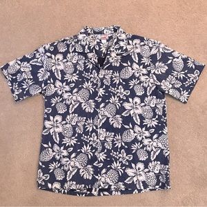 Evergreen Island Hawaiian Shirt Mens XL Blue White Pineapple Made In Hawaii Camp